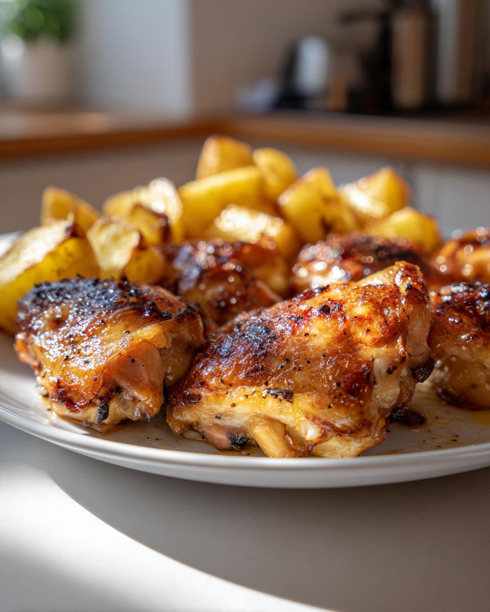 Close-up of juicy roasted chicken thighs and golden potatoes on a white plate.