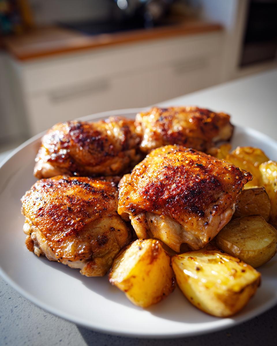 Plate of roasted chicken thighs and potatoes with golden, crispy skin and seasoning.