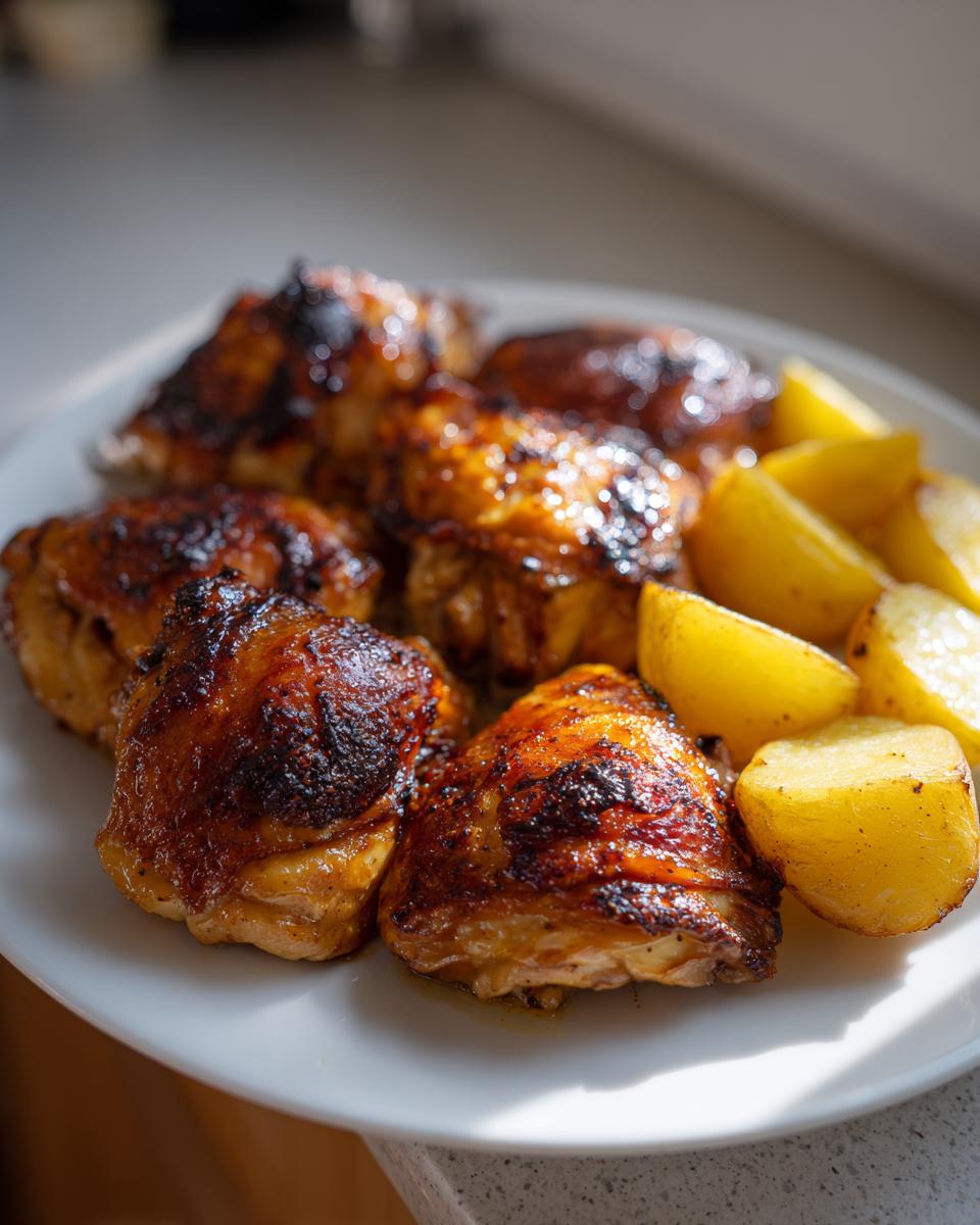Plate of golden roasted chicken thighs and crispy roasted potatoes.