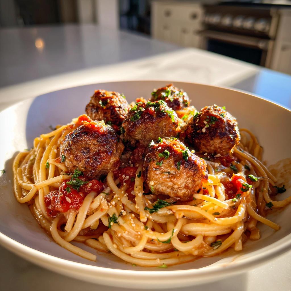 White bowl of turkey meatball pasta with tomato sauce and herbs on spaghetti noodles
