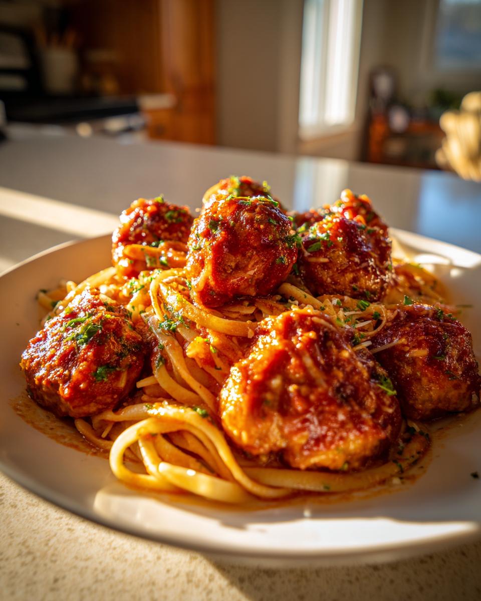 Close-up of turkey meatball pasta with tomato sauce and herbs on a white plate.