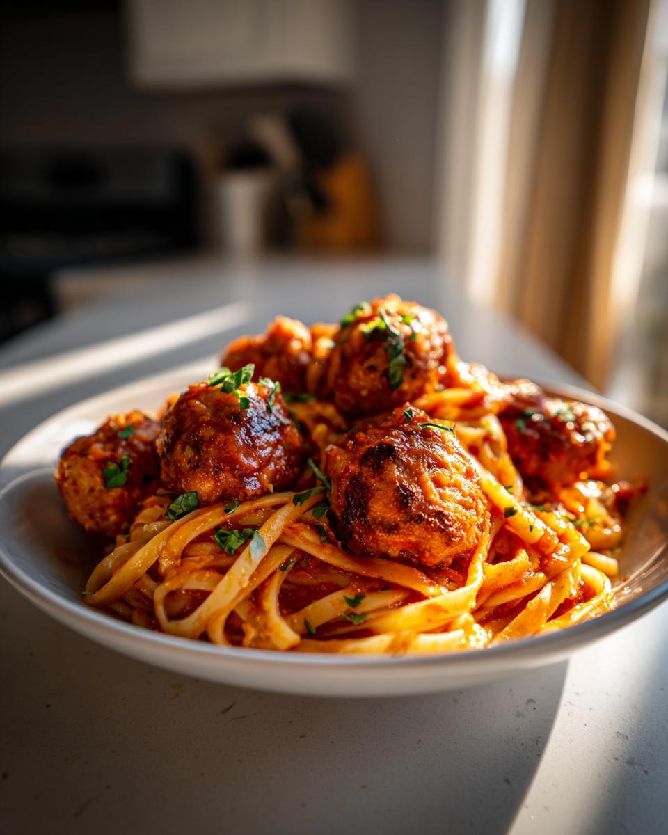 Plate of turkey meatball pasta topped with fresh herbs and tomato sauce in natural light.
