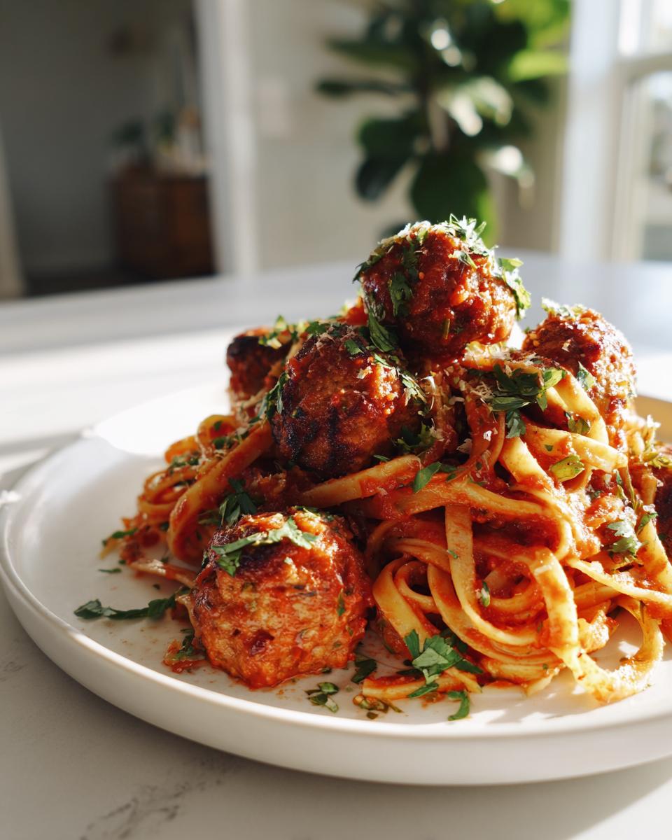 Plate of turkey meatball pasta with tomato sauce and fresh herbs on top.
