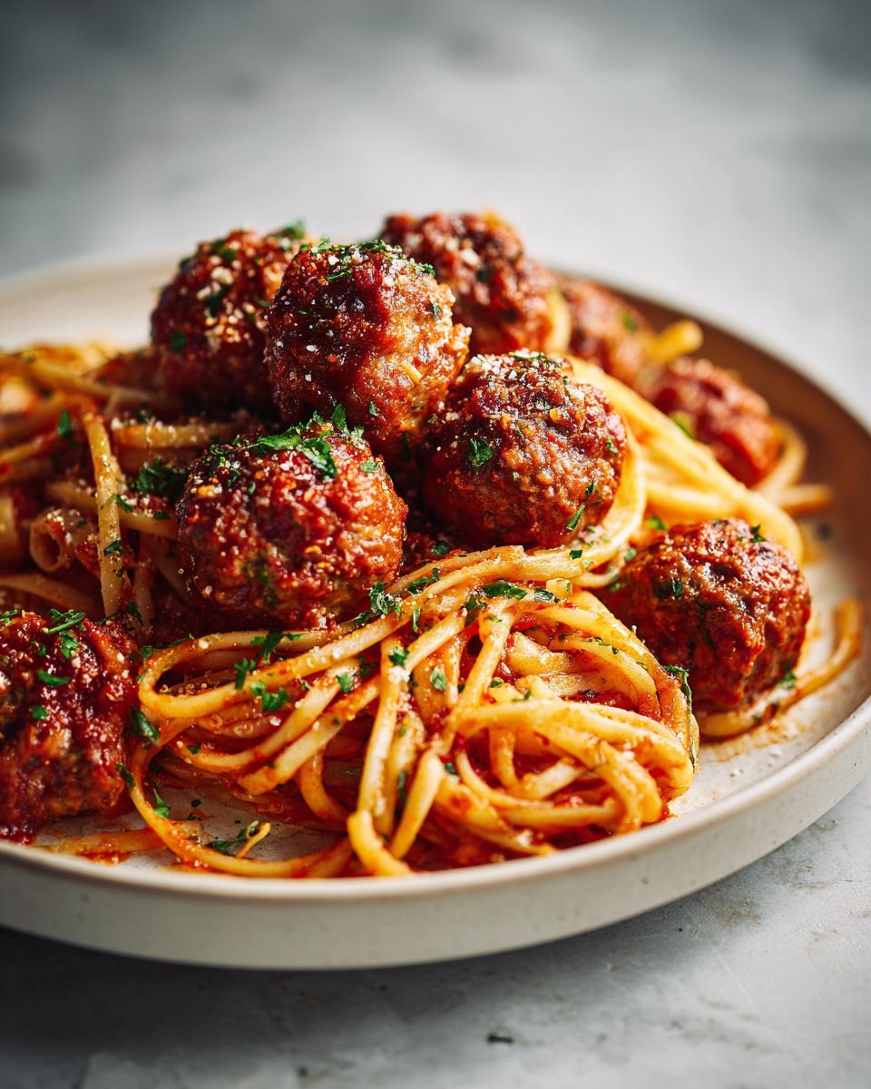 Close-up of juicy turkey meatball pasta with tomato sauce and sprinkled herbs on a white plate