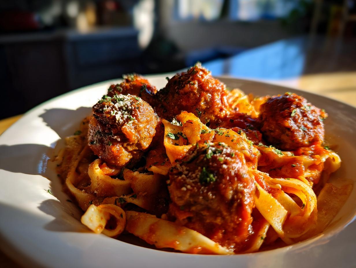 Bowl of turkey meatball pasta topped with tomato sauce and herbs