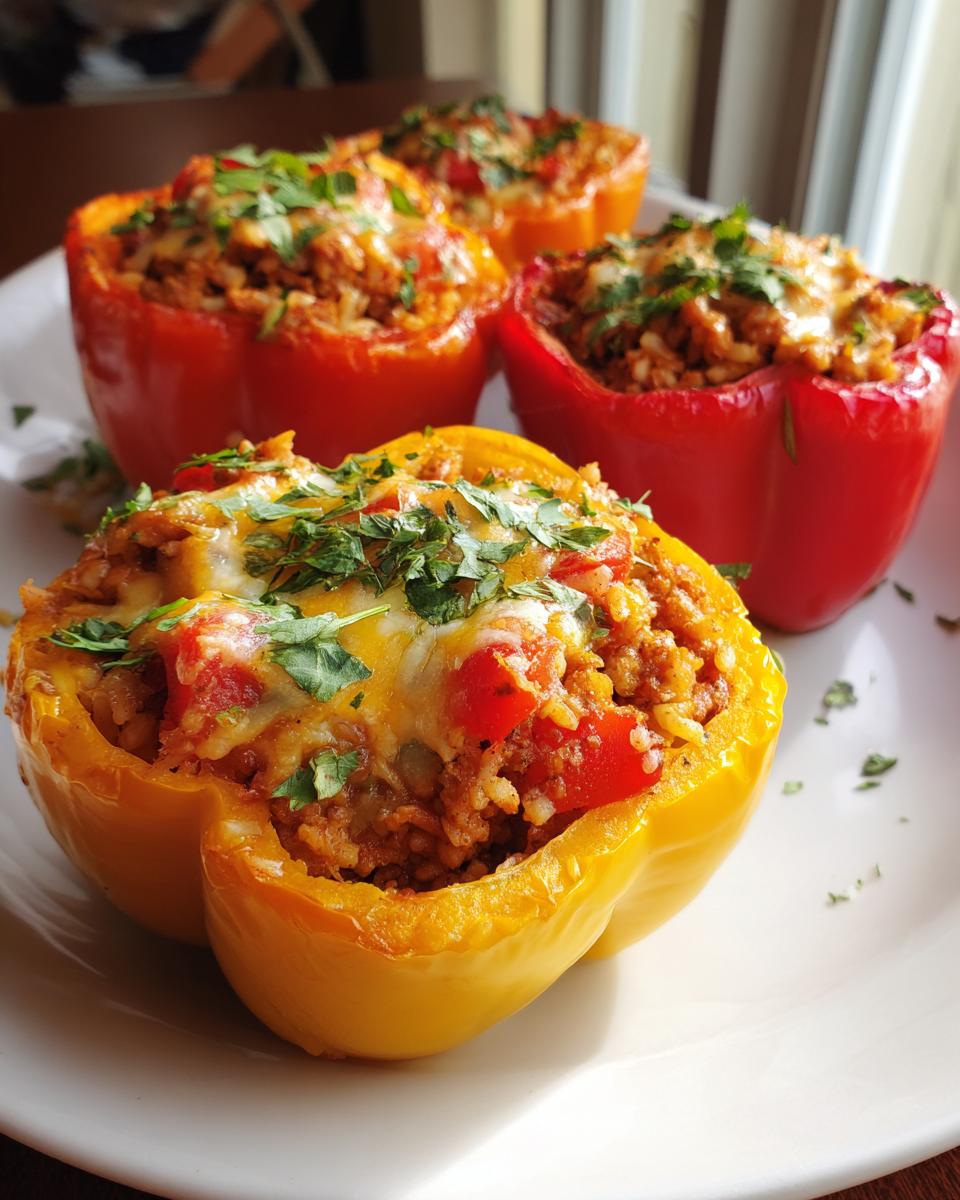 Close-up of colorful turkey stuffed peppers topped with melted cheese and fresh herbs