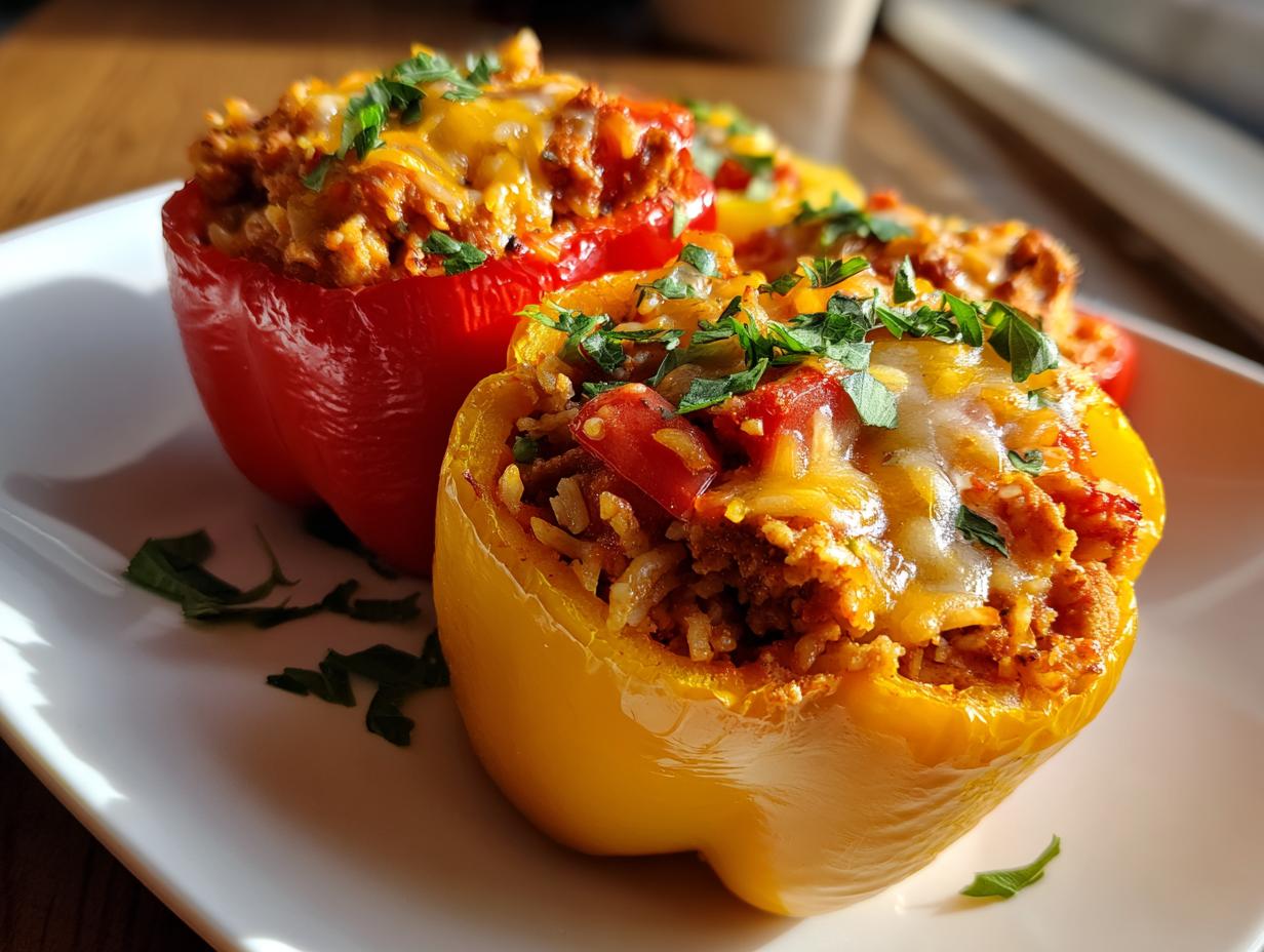 Close-up of red and yellow turkey stuffed peppers topped with melted cheese and fresh parsley on a white plate.