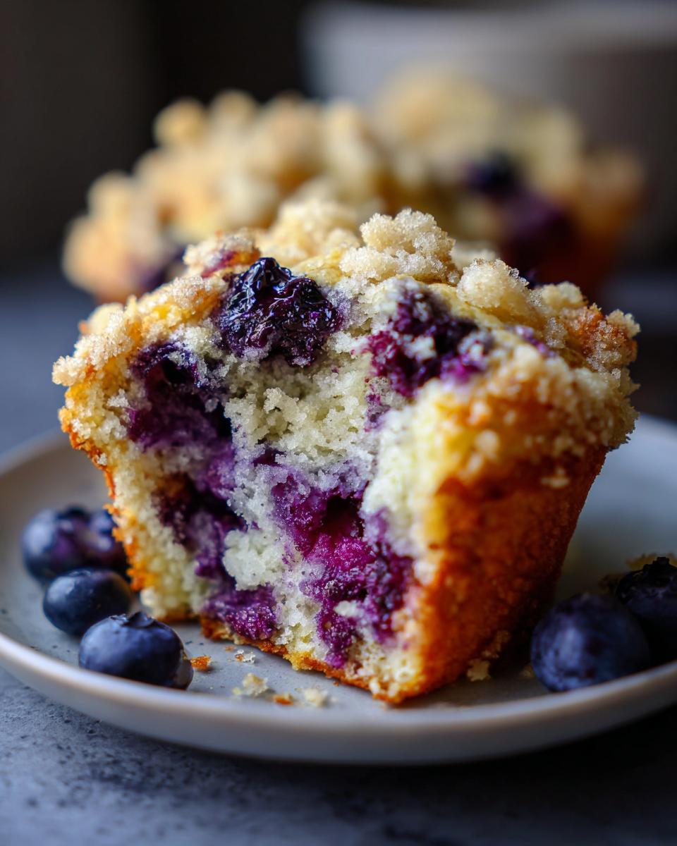 Close-up of a lemon blueberry muffin recipe with streusel topping on a plate with fresh blueberries