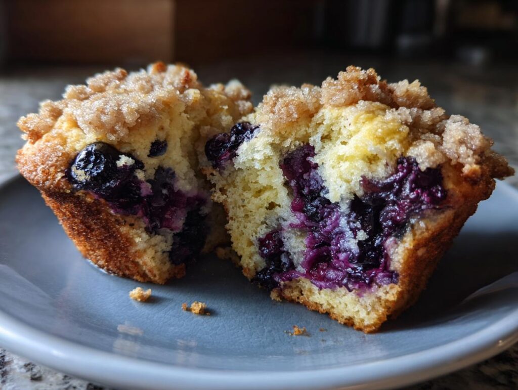 Close-up of a lemon blueberry muffin recipe with streusel, showing moist interior and crumbly topping.