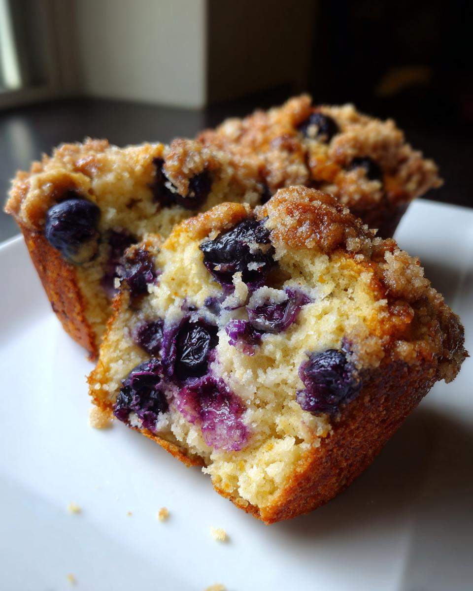 Close-up of a lemon blueberry muffin recipe with streusel showing moist texture and blueberries