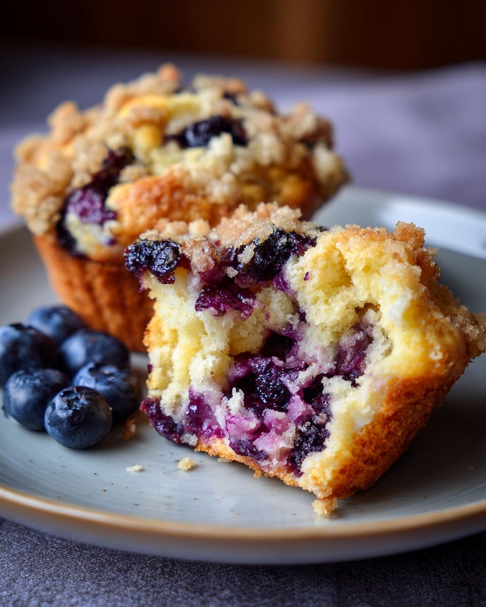 Close-up of a lemon blueberry muffin recipe with streusel topping and fresh blueberries on a plate.