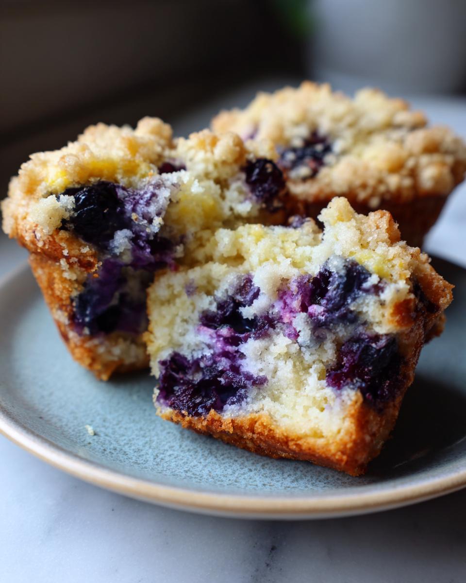 Close-up of a lemon blueberry muffin recipe with streusel topping on a plate
