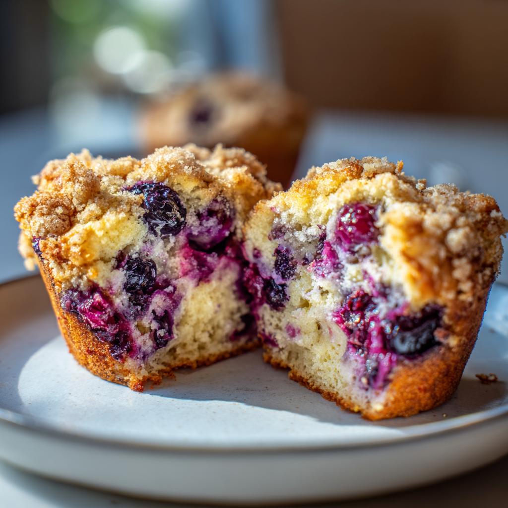 Close-up of a lemon blueberry muffin recipe with streusel, showing juicy blueberries and crumbly topping.