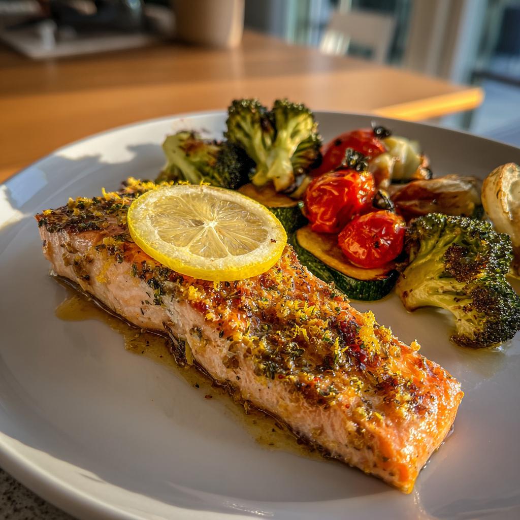 Cooked lemon garlic herb salmon with a slice of lemon served with roasted broccoli, cherry tomatoes, and zucchini.