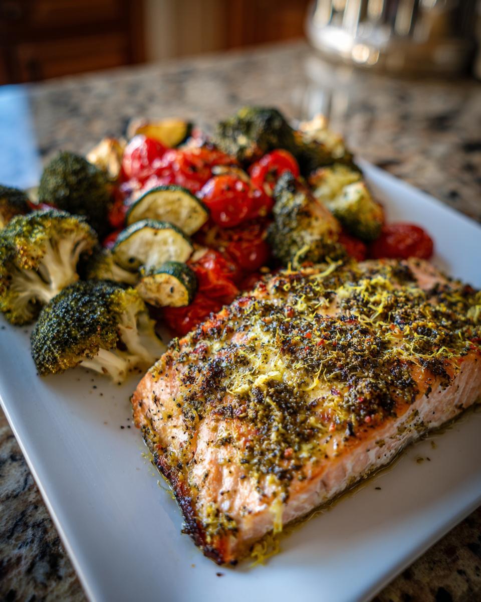 Plate with lemon garlic herb salmon and assorted roasted veggies including broccoli, zucchini, and cherry tomatoes.