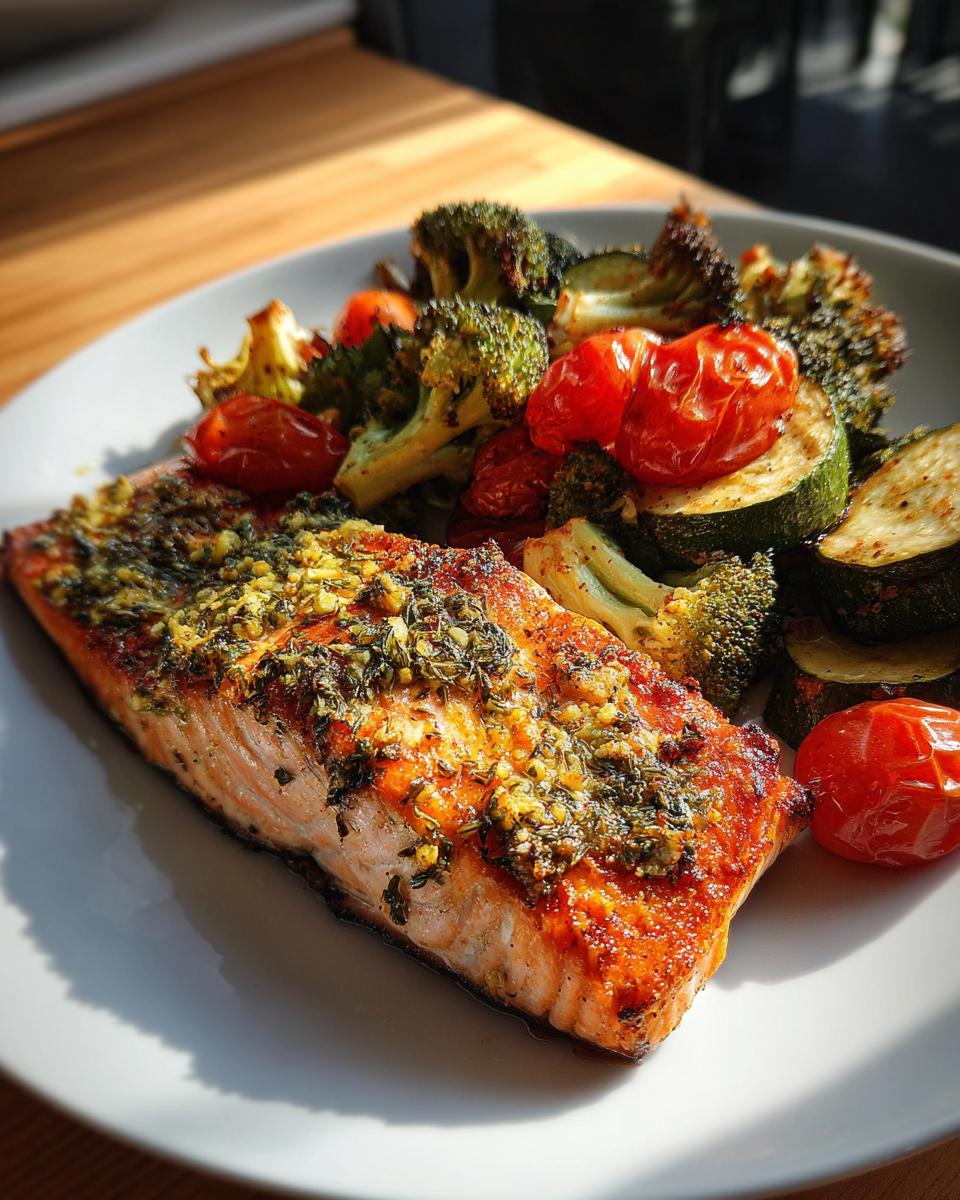 Cooked lemon garlic herb salmon with roasted broccoli, cherry tomatoes, and zucchini on white plate.