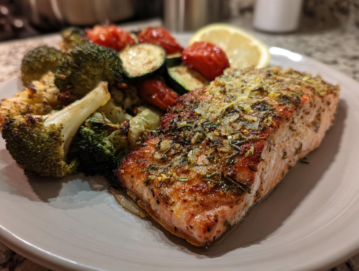 Plate with lemon garlic herb salmon and roasted veggies including broccoli, zucchini, and tomatoes