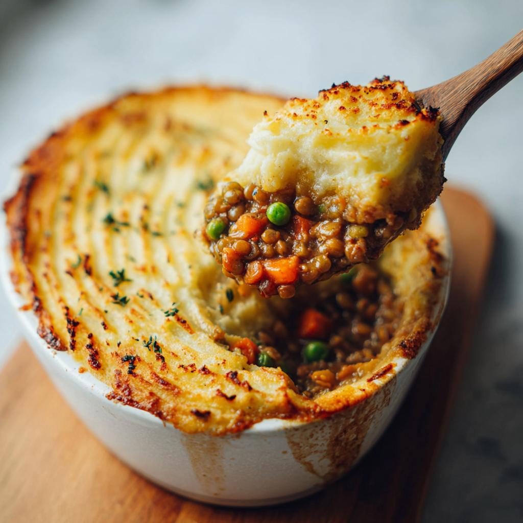 Close-up of a lentil and vegetable shepherds pie with golden mashed potato topping and peas.