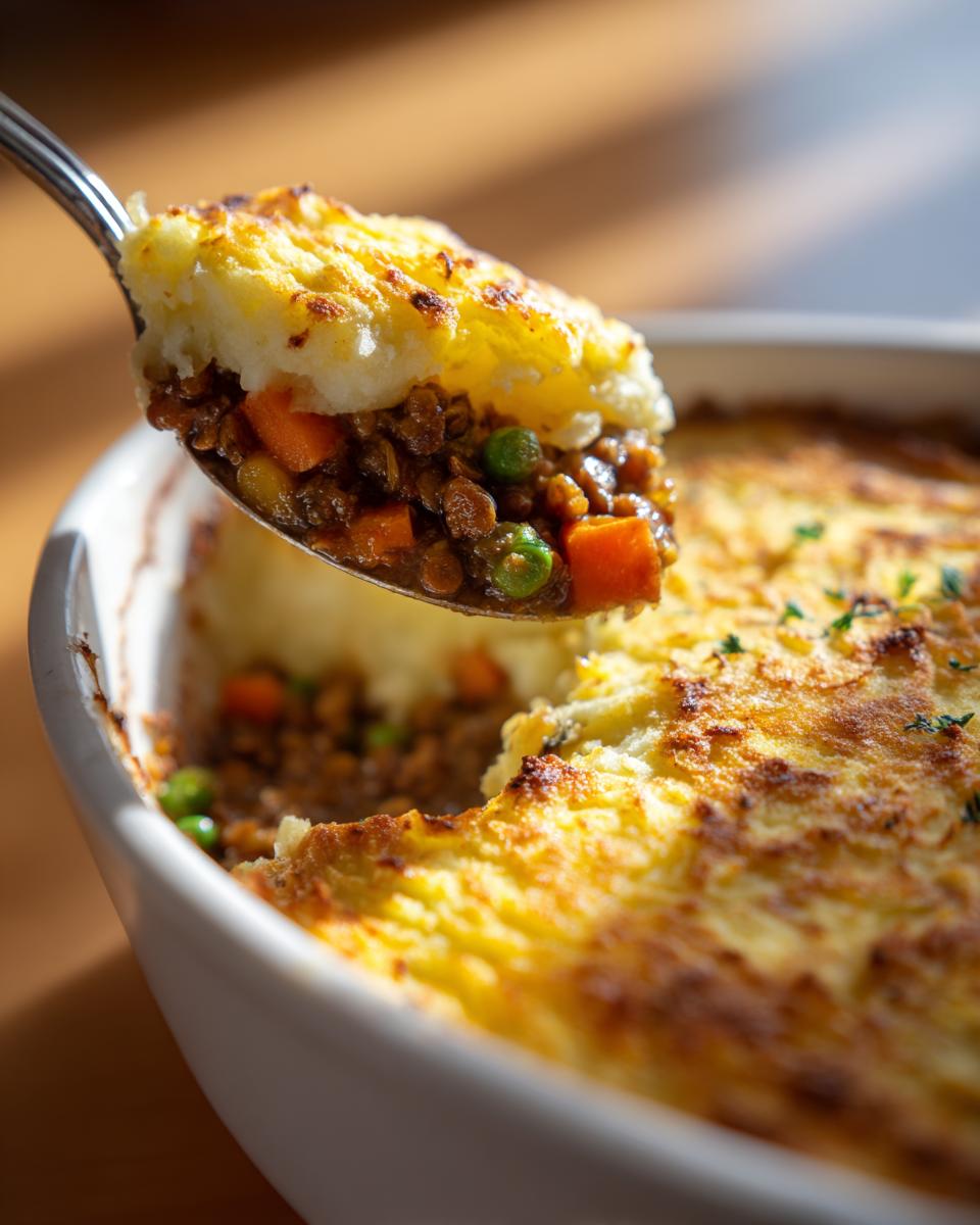 Spoonful of lentil and vegetable shepherds pie with mashed potato topping being lifted from dish