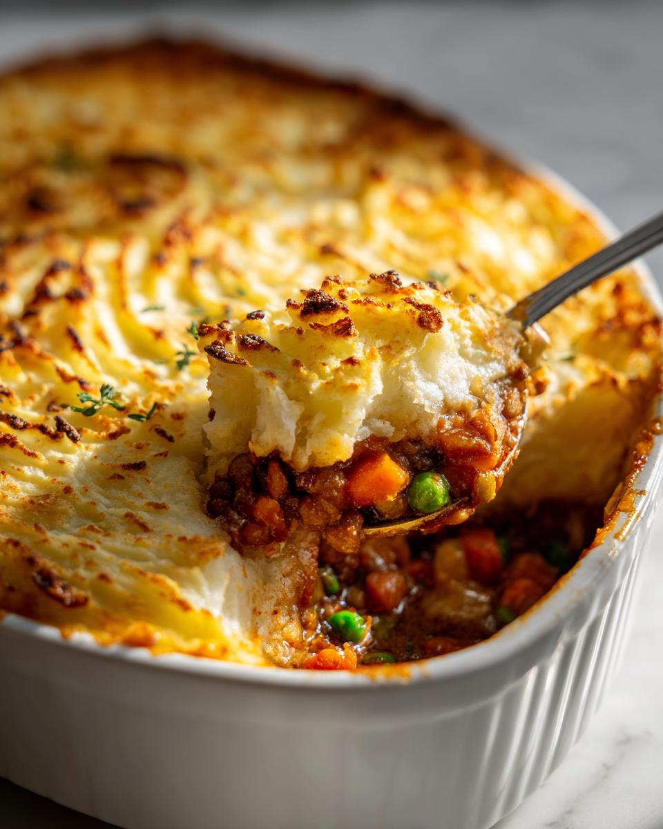 Spoon serving a portion of lentil and vegetable shepherds pie with mashed potato topping.