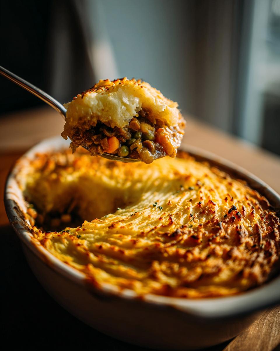 Close-up of a spoon lifting lentil and vegetable shepherds pie with golden mashed potato topping