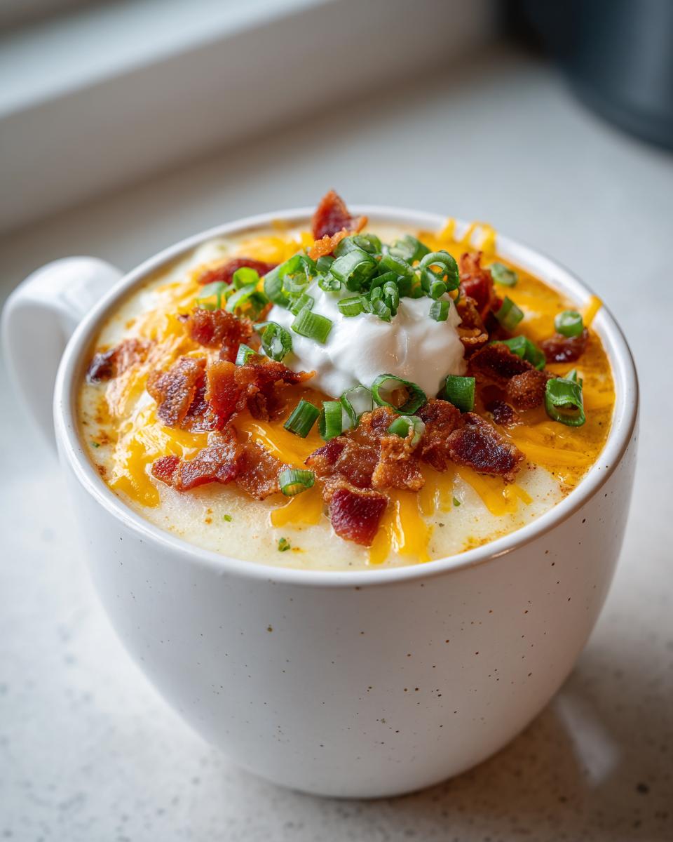 Loaded baked potato soup with bacon, shredded cheddar, sour cream and green onions in white cup