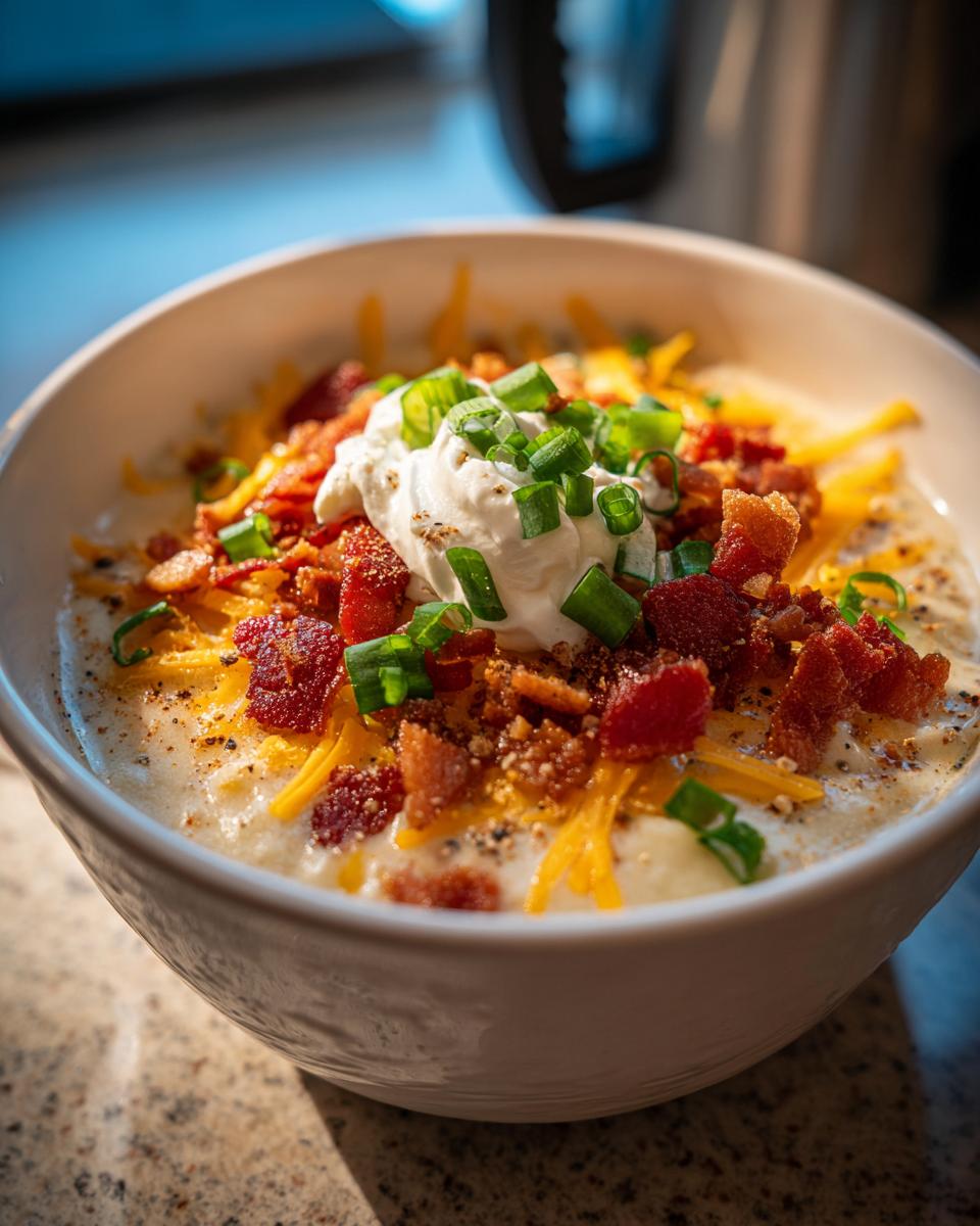 Bowl of loaded baked potato soup with bacon, shredded cheese, sour cream, and green onions