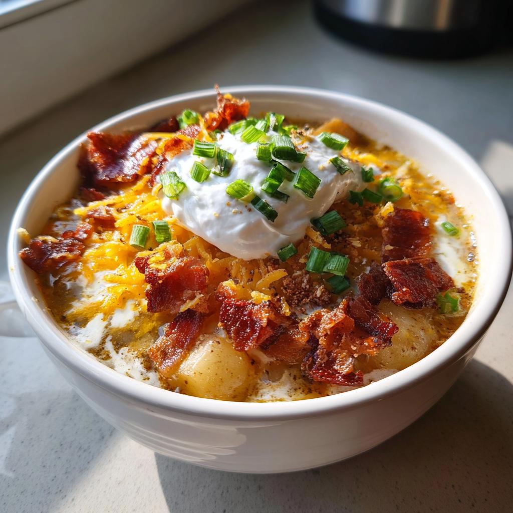 Bowl of loaded baked potato soup with bacon, cheddar cheese, sour cream, and green onions