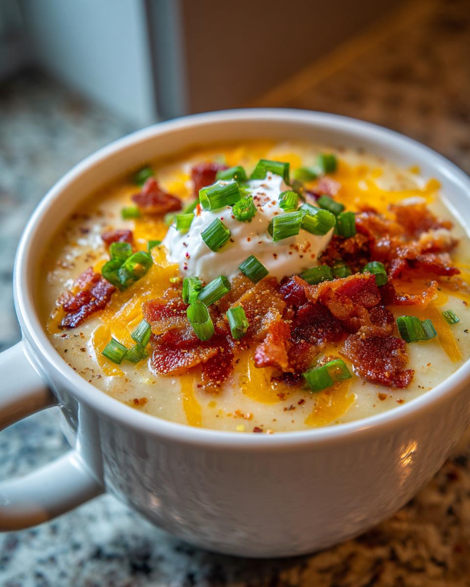 Cup of loaded baked potato soup with bacon topped with sour cream, shredded cheese, and green onions.