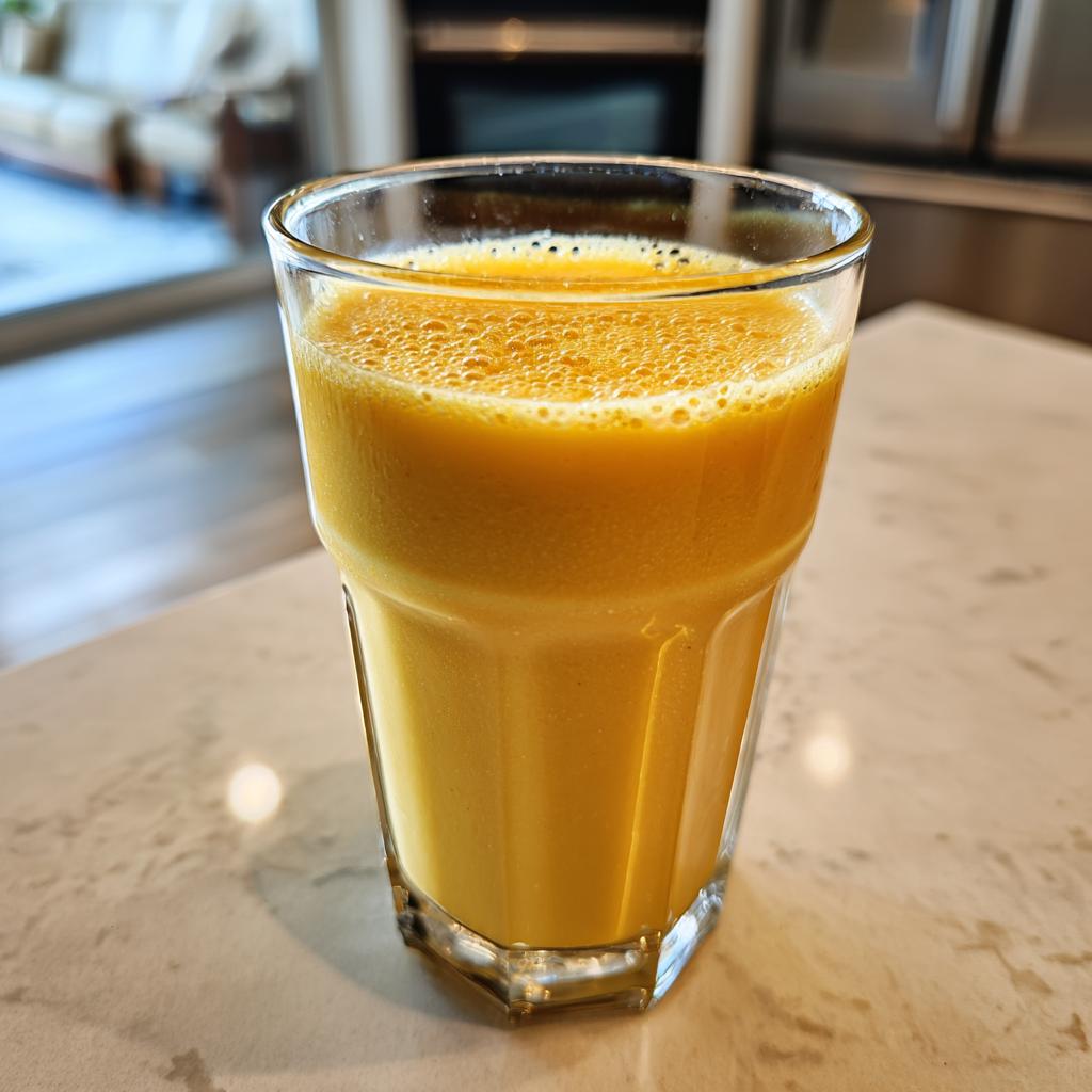 Glass filled with a creamy mango coconut smoothie on a marble countertop.