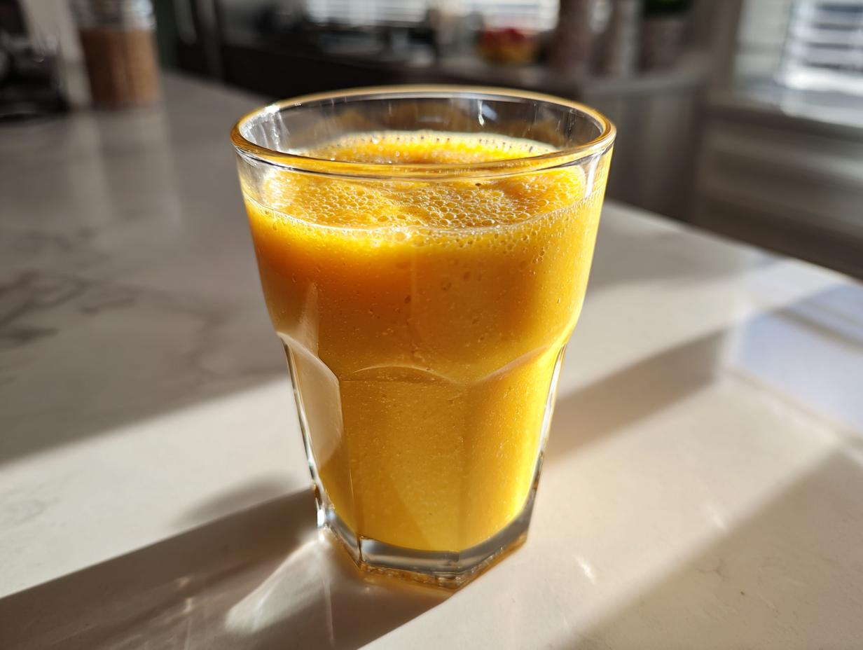 A glass filled with bright yellow mango coconut smoothie on a kitchen counter.