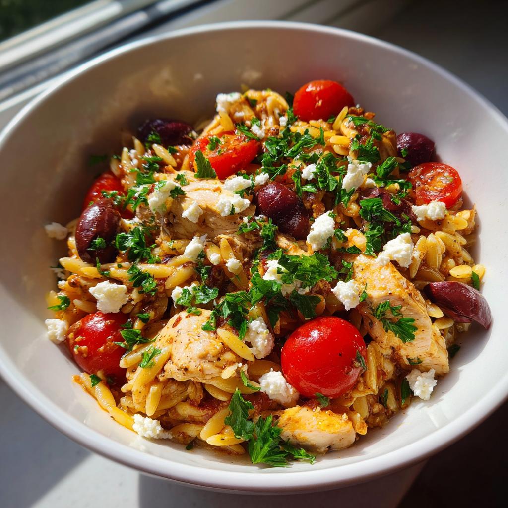 Bowl of Mediterranean chicken orzo with cherry tomatoes, feta cheese, olives, and fresh parsley