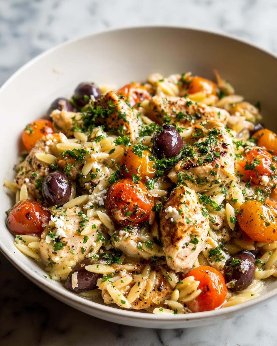 Bowl of mediterranean chicken orzo with grilled chicken, cherry tomatoes, olives, and parsley.