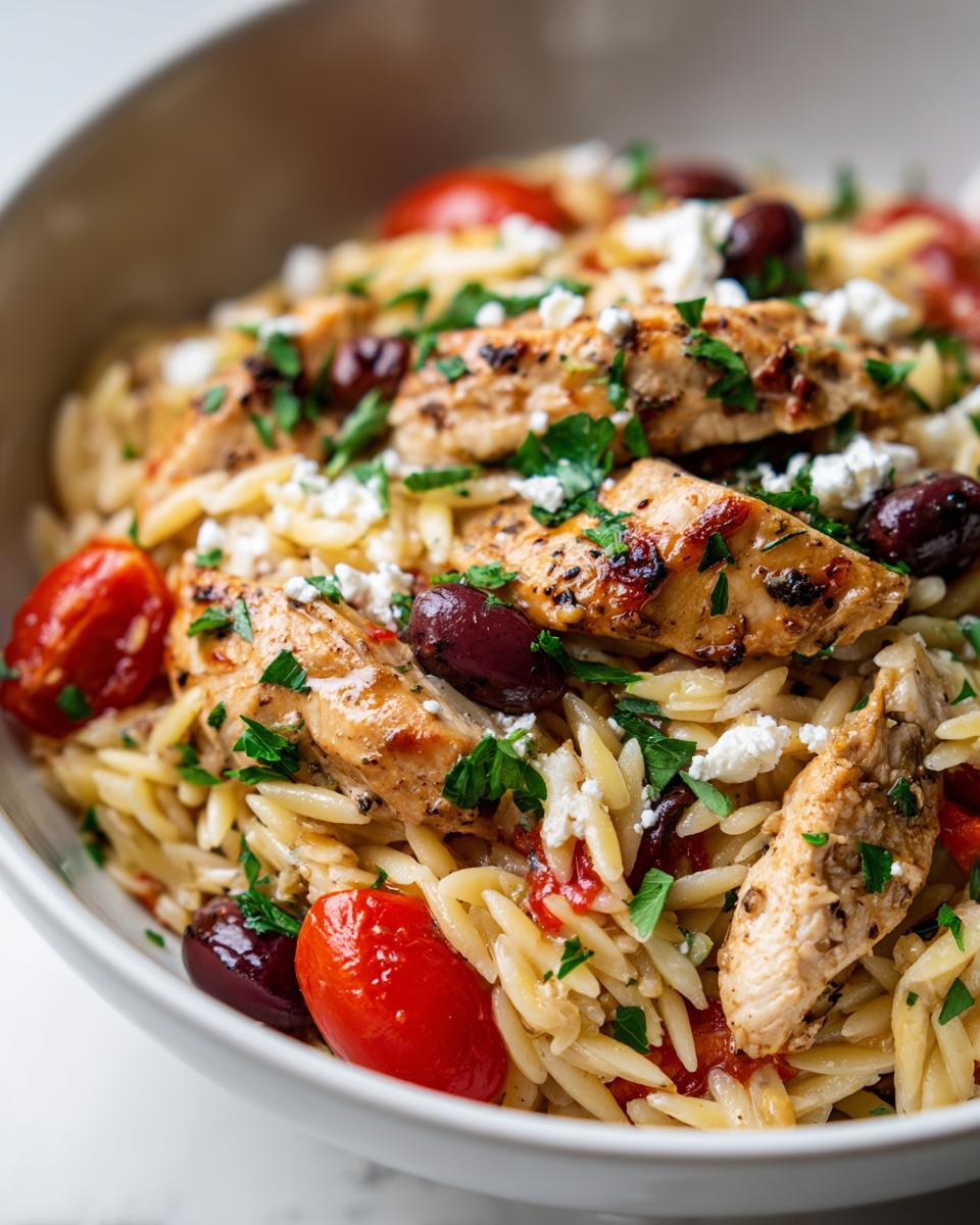 Bowl of mediterranean chicken orzo with grilled chicken, cherry tomatoes, olives, feta, and herbs.