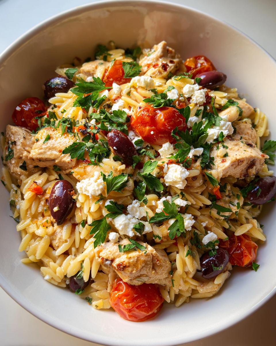 Bowl of mediterranean chicken orzo with grilled chicken, tomatoes, olives, feta, and fresh herbs.