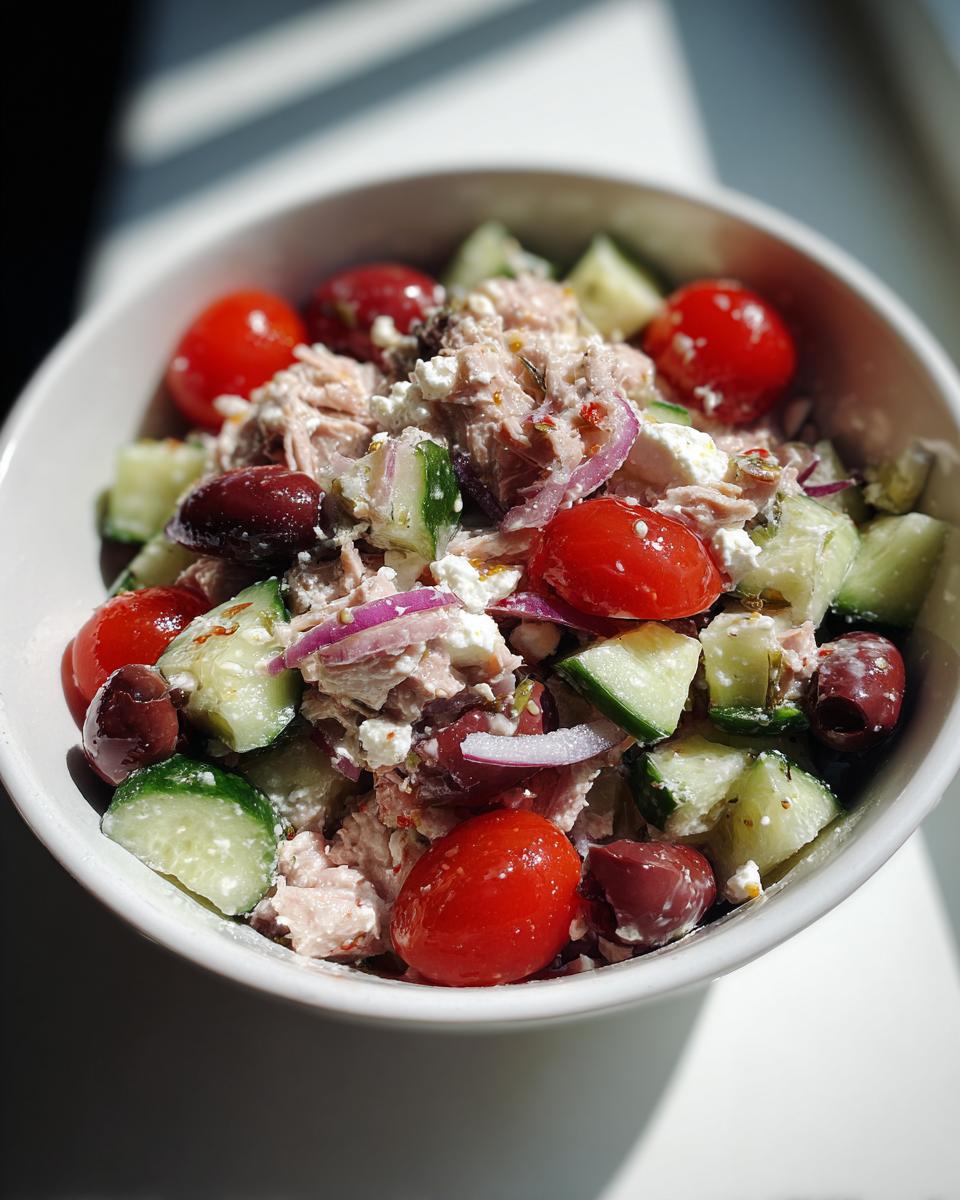 Bowl of mediterranean tuna salad with cherry tomatoes, cucumbers, olives, red onion, and feta cheese