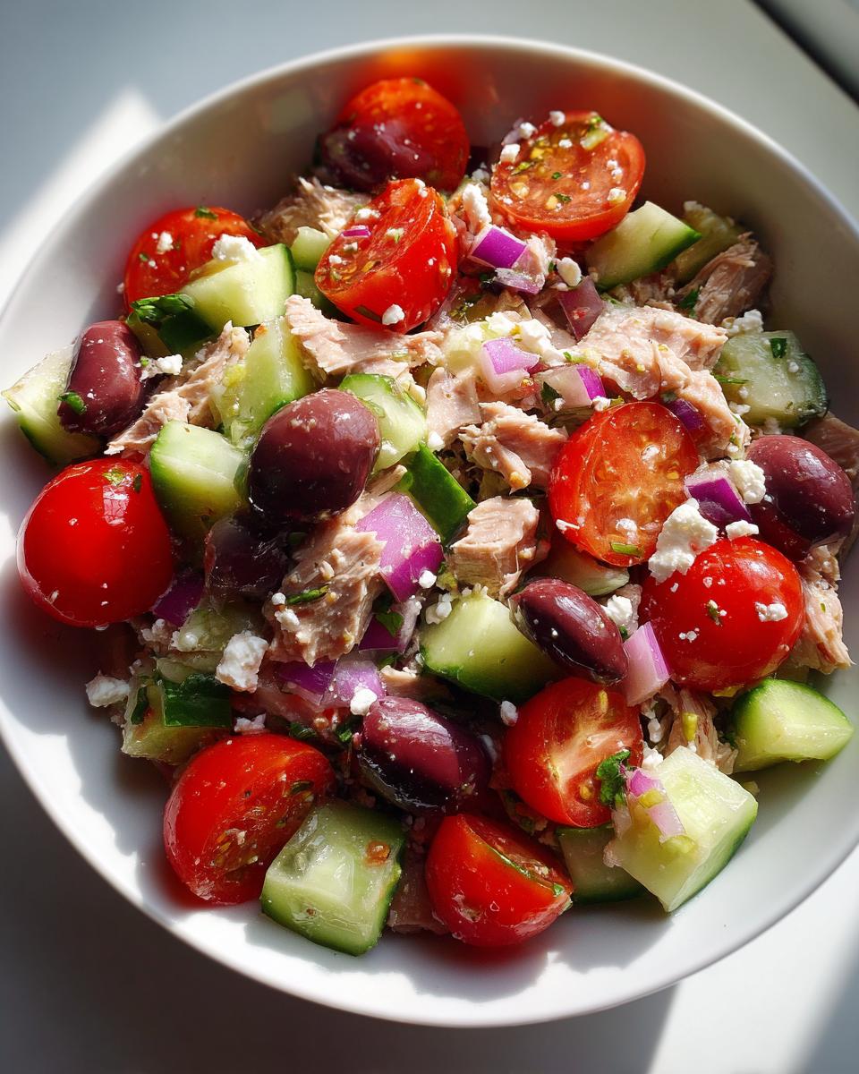 Mediterranean tuna salad with cherry tomatoes, cucumbers, olives, red onion, and feta cheese.