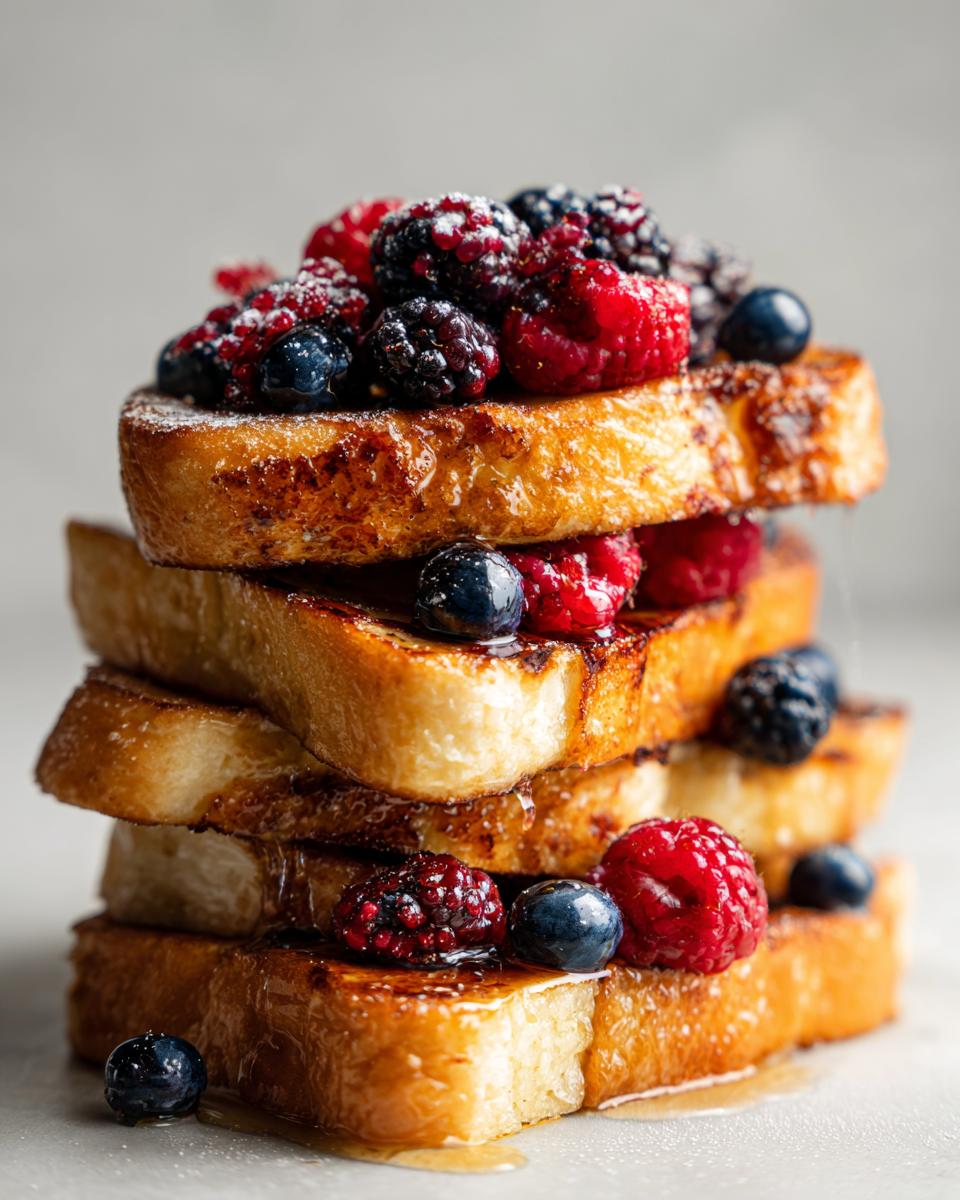 Close-up of stacked mixed berry french toast topped with blueberries, raspberries, blackberries, and syrup.