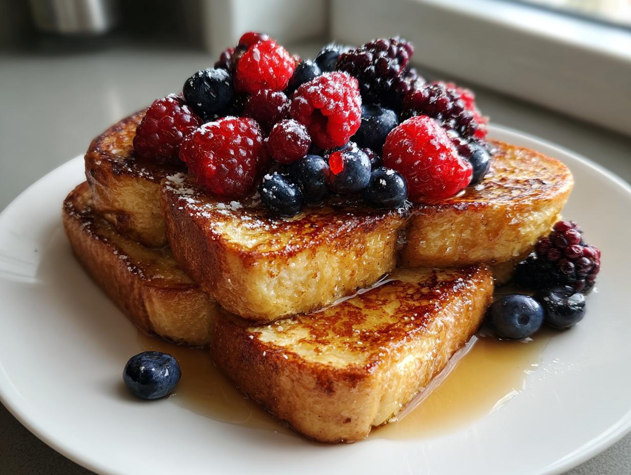 Plate of mixed berry french toast topped with raspberries, blueberries, blackberries, and syrup