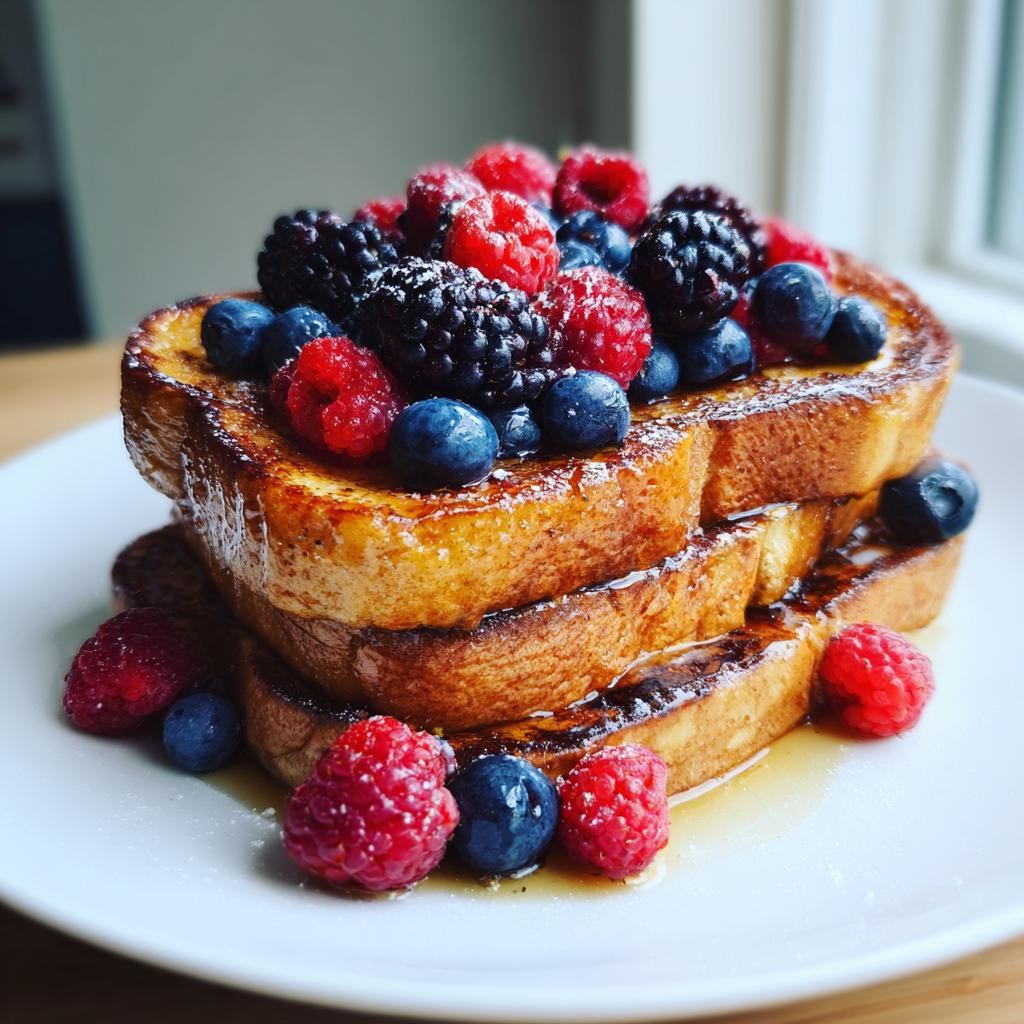 Three slices of mixed berry french toast topped with blueberries, raspberries, and blackberries