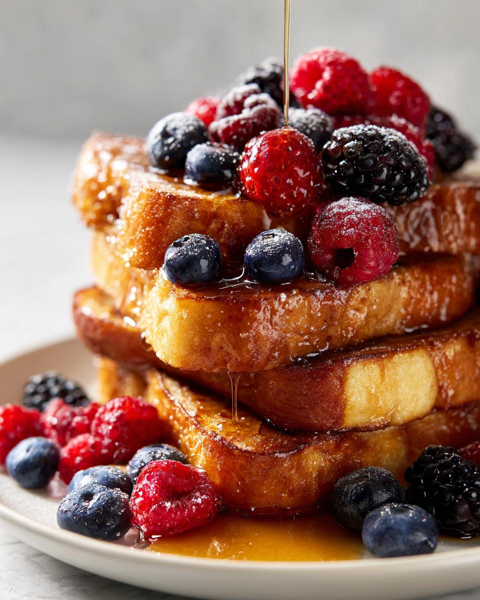 Stack of mixed berry french toast topped with fresh raspberries, blueberries, blackberries, and syrup pouring