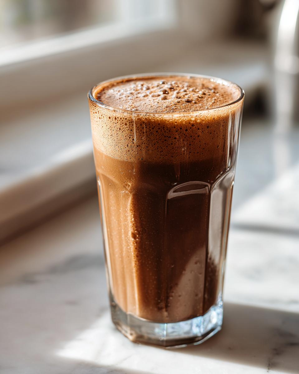 Close-up of a glass filled with a frothy mocha coffee smoothie on a marble surface.