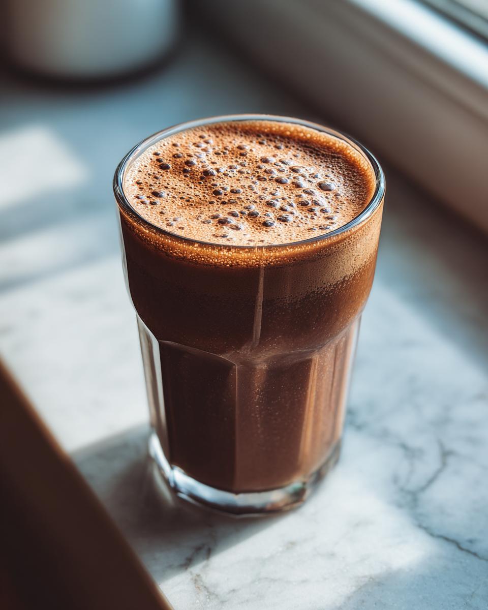 Close-up of a mocha coffee smoothie with frothy top in a clear glass on marble ledge
