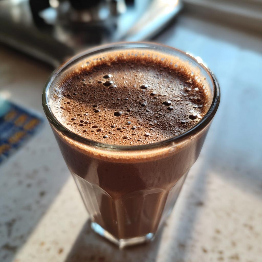 Close-up of a frothy mocha coffee smoothie served in a clear glass
