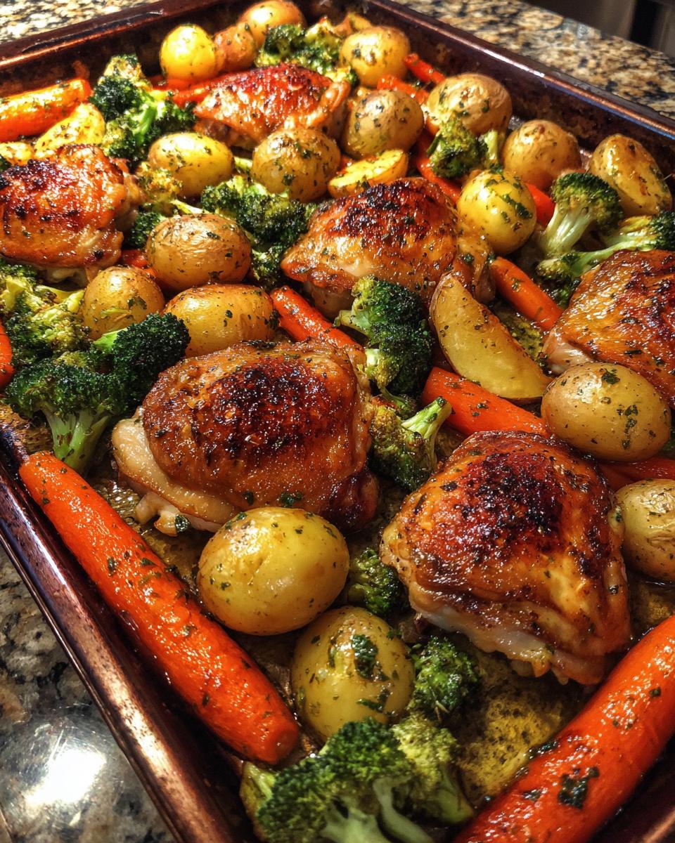 One pan chicken and roasted vegetables with crispy chicken thighs, baby potatoes, carrots, and broccoli.