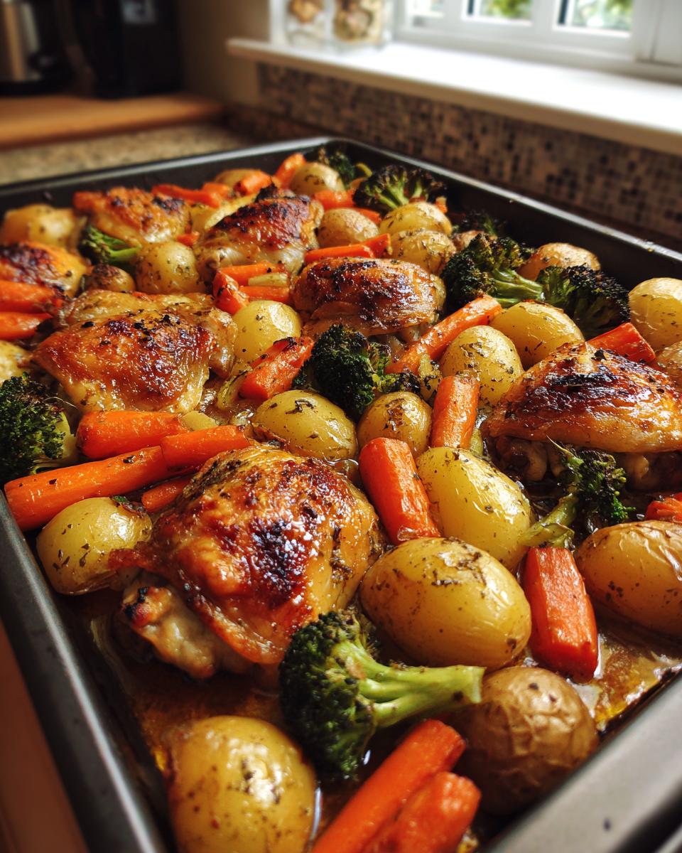 One pan chicken and roasted vegetables with carrots, baby potatoes, and broccoli in a baking tray.