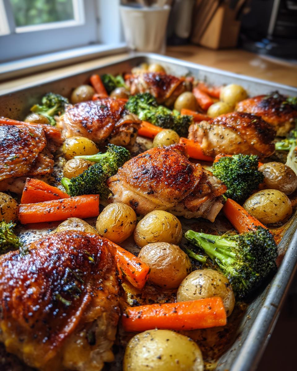 One pan chicken and roasted vegetables with crispy skin, baby potatoes, carrots, and broccoli.
