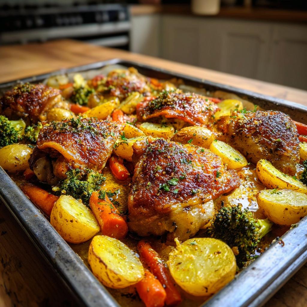 Crispy one pan chicken and roasted vegetables with potatoes, carrots, and broccoli on a baking tray.
