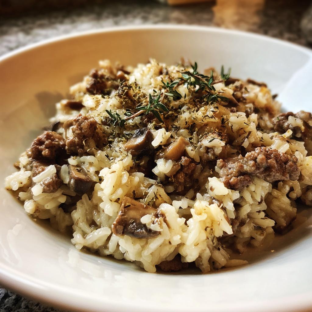 Close-up of one pot beef and mushroom rice pilaf garnished with herbs in white bowl