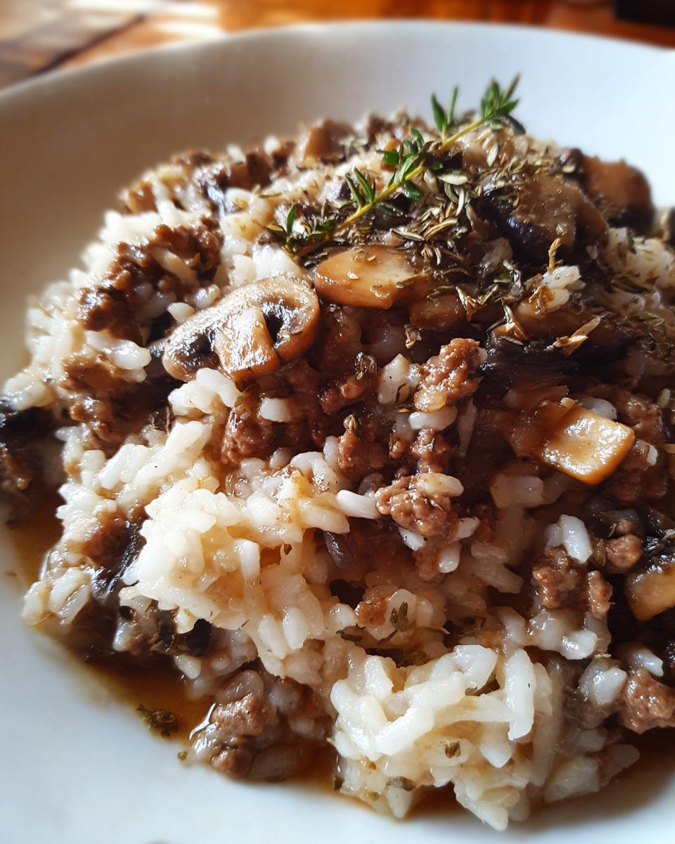 Close-up of one pot beef and mushroom rice pilaf garnished with fresh herbs in a white bowl.